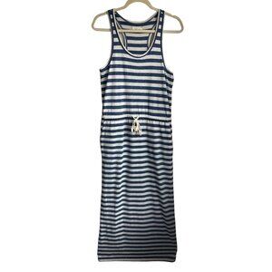 Lou & Grey Sz Small Maxi Dress Blue striped Racerback Adjustable Linen Bd Sleeve